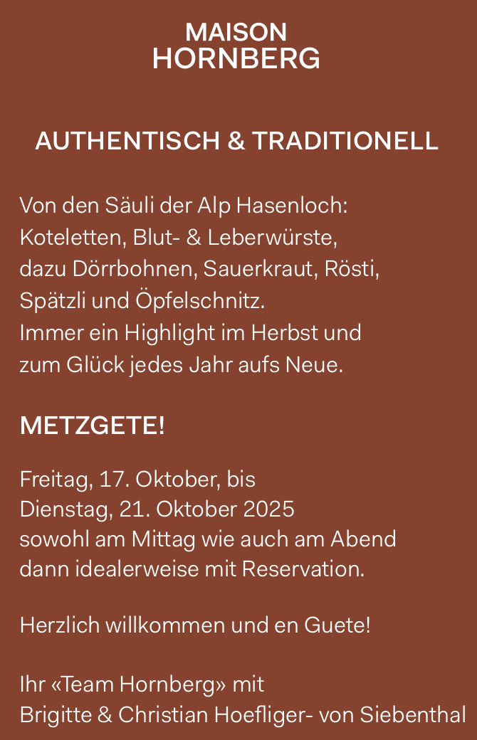 Metzgete 2025 – Die Köstlichkeiten der "Alpschwein-Metzgete" à la Hornberg! 4 Annonce im Anzeiger von Saanen